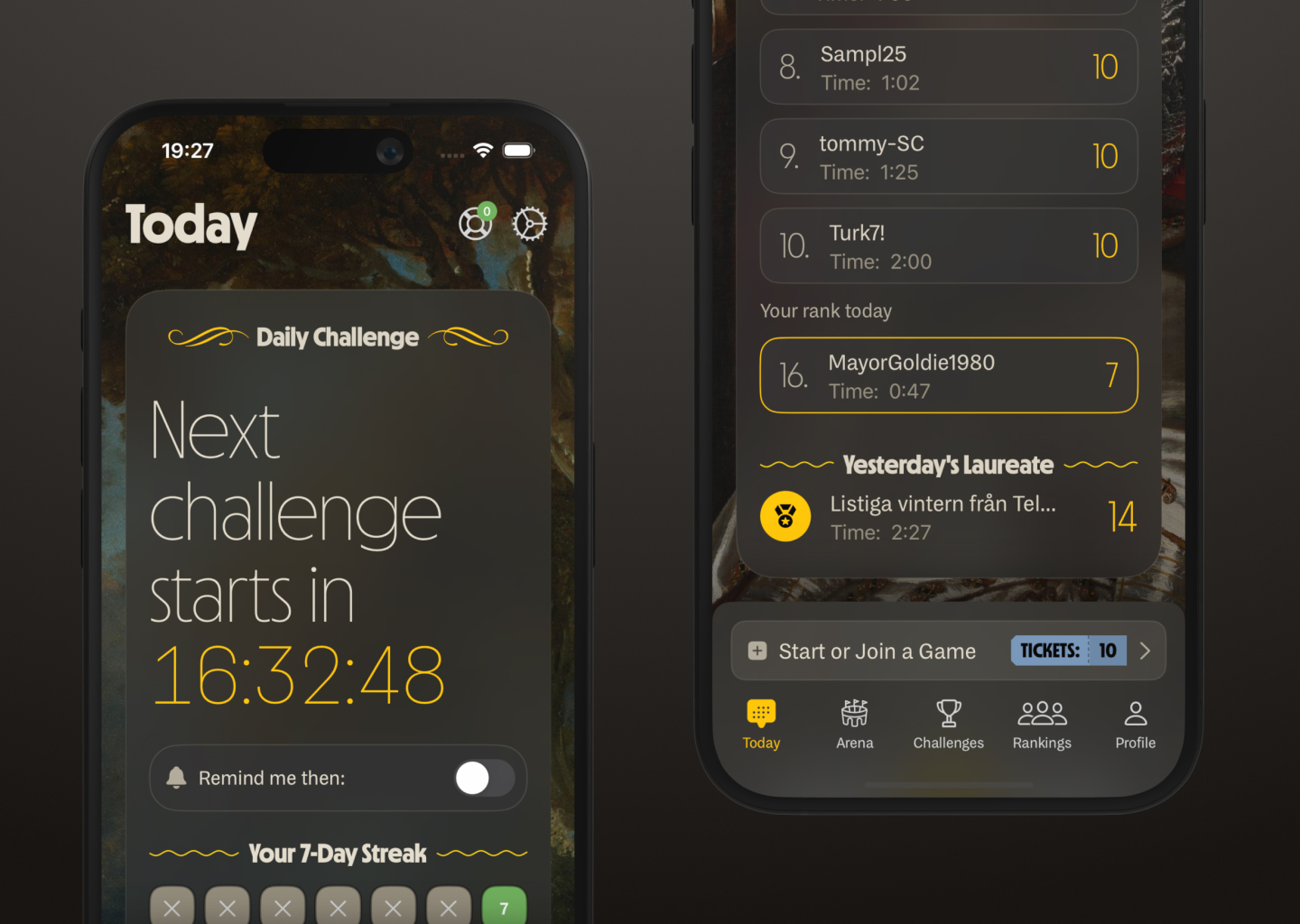 Shot of the daily challenge leaderboard from Krono Trivia on the iPhone