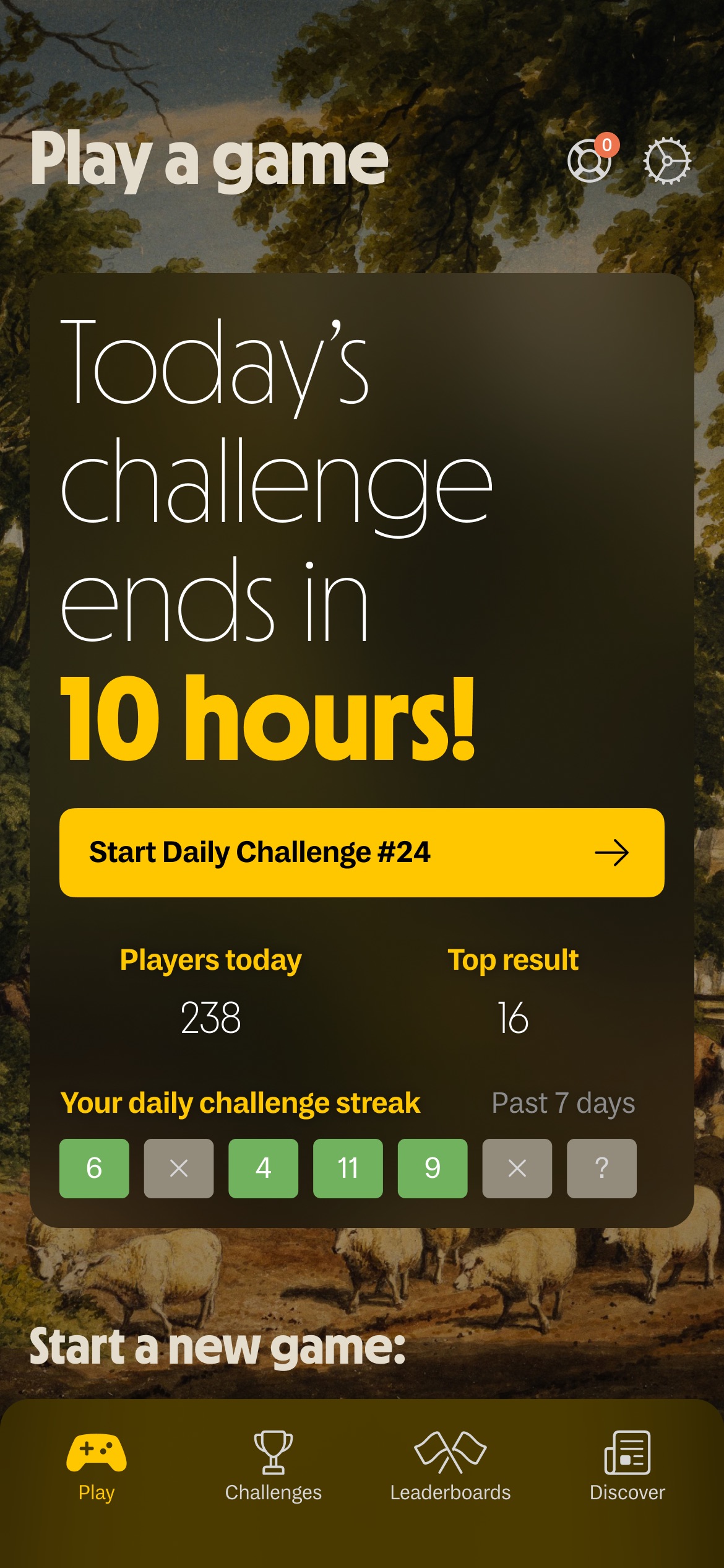 Screenshot of the Krono Trivia app showing the first screen of the app where the player can start the game